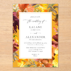 Orange & Yellow Fall Floral Wedding -3 Gold Acrylic Invitations