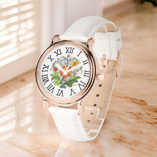 Orange Yellow Flower Bouquet Italian Deruta Motif Watch