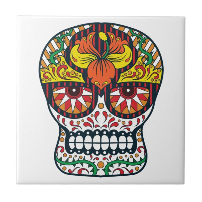 Orange Yellow Flowers Mexican Sugar Skull Ceramic Tile (Front)