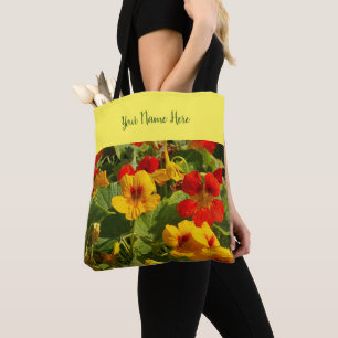 orange, yellow flowers, your own name, nasturtiums tote bag