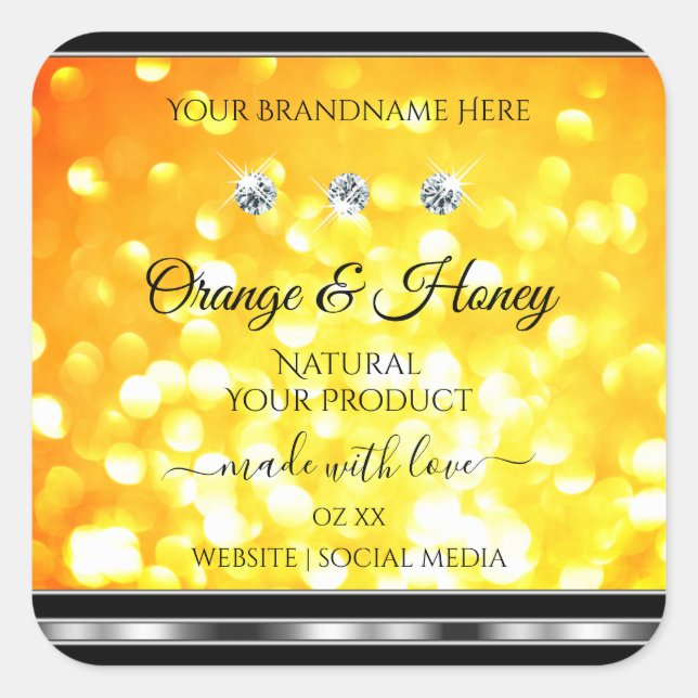 Orange Yellow Glitter Product Labels with Diamonds (Front)