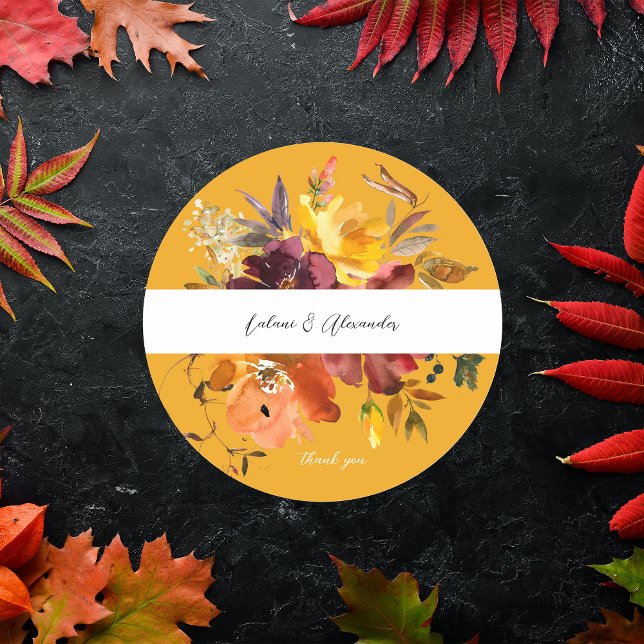 Orange & Yellow Gold Floral 2V2 Thank You -Gold Classic Round Sticker (Creator Uploaded)