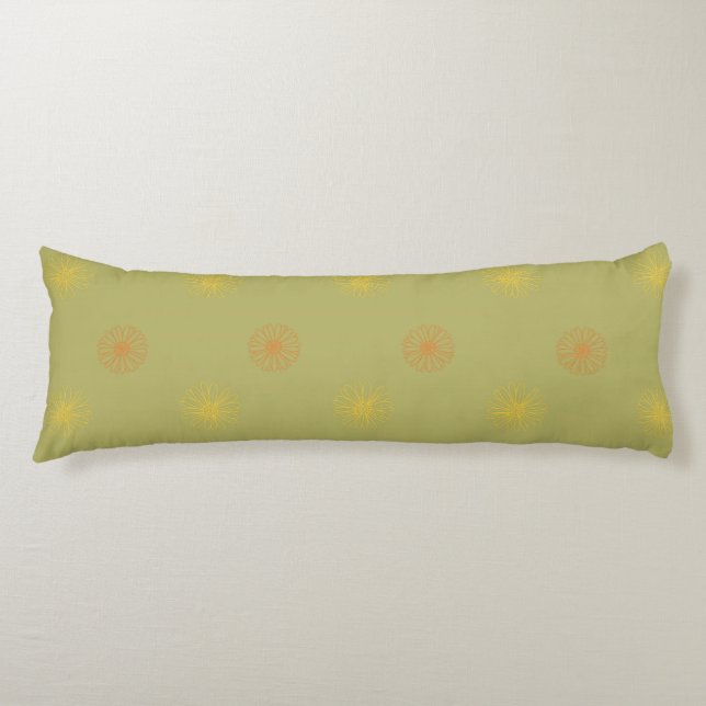 Orange yellow gold floral pattern on fern green body cushion (Front)