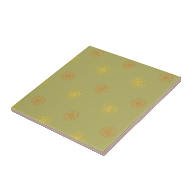 Orange yellow gold floral pattern on fern green ceramic tile (Side)