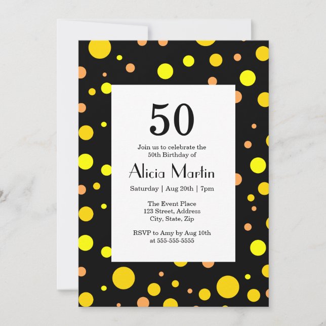 Orange Yellow Gold Polka Dot Black 50th Birthday Invitation (Front)