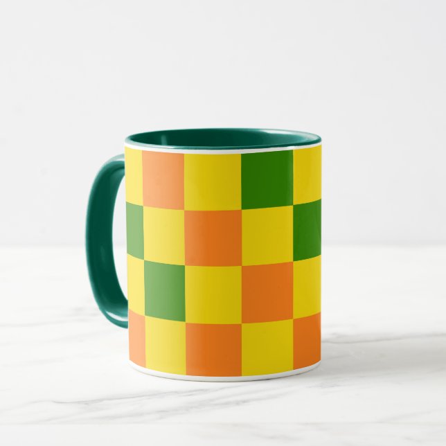 Orange Yellow Green Chequered Pattern Design  Mug (Front Left)