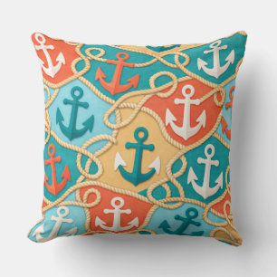 ORANGE YELLOW GREEN TEAL ANCHORS ROPES SEASHELLS CUSHION