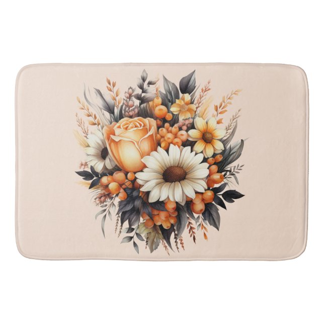 Orange Yellow Grey Flower Bouquet Bath Mat (Front)