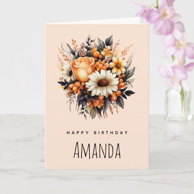 Orange Yellow Grey Flower Bouquet Birthday Card (Orchid)