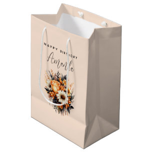 Orange Yellow Grey Flower Bouquet Birthday Medium Gift Bag