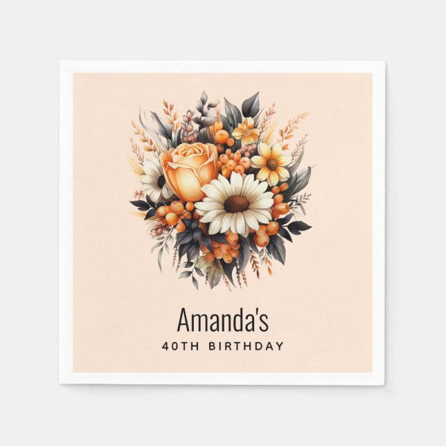 Orange Yellow Grey Flower Bouquet Birthday Napkin (Front)