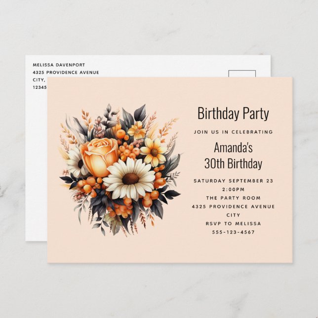 Orange Yellow Grey Flower Bouquet Birthday Party Postcard (Front/Back)