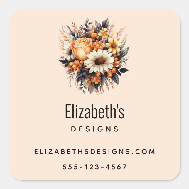 Orange Yellow Grey Flower Bouquet Business Square Sticker (Front)