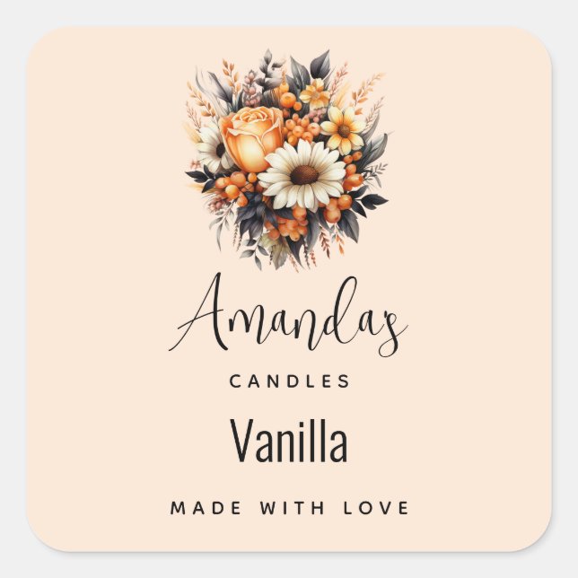 Orange Yellow Grey Flower Bouquet Candle Business Square Sticker (Front)