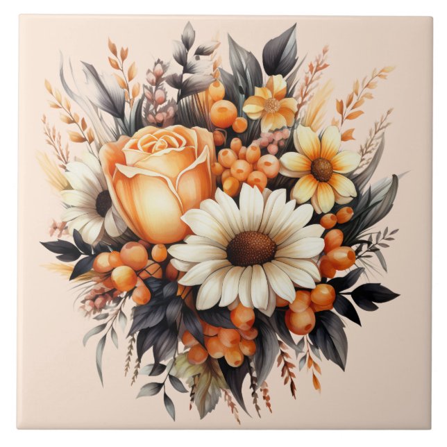 Orange Yellow Grey Flower Bouquet Ceramic Tile (Front)