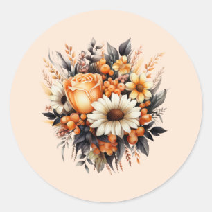 Orange Yellow Grey Flower Bouquet Classic Round Sticker