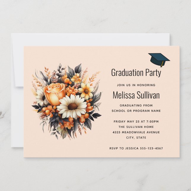Orange Yellow Grey Flower Bouquet Graduation Invitation (Front)