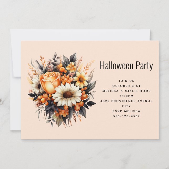 Orange Yellow Grey Flower Bouquet Halloween Party Invitation (Front)