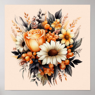 Orange Yellow Grey Flower Bouquet Poster