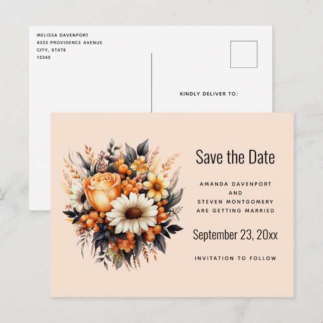 Orange Yellow Grey Flower Bouquet Save the Date Invitation Postcard (Front/Back)