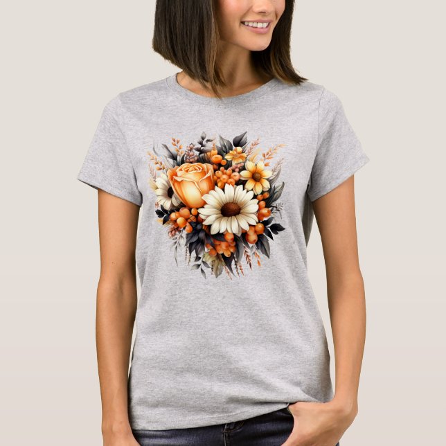 Orange Yellow Grey Flower Bouquet T-Shirt (Front)