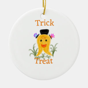 Orange yellow halloween ghost trick or treat add n ceramic ornament