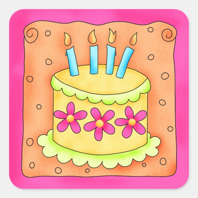 Orange Yellow Happy Birthday Cake Candles Square Sticker (Front)