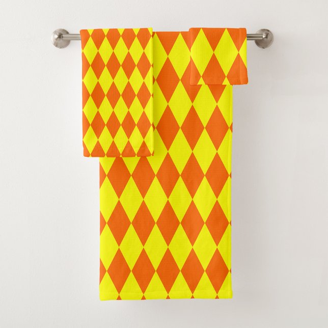 Orange Yellow Harlequin Checkered Design  Bath Towel Set (Creator Uploaded)