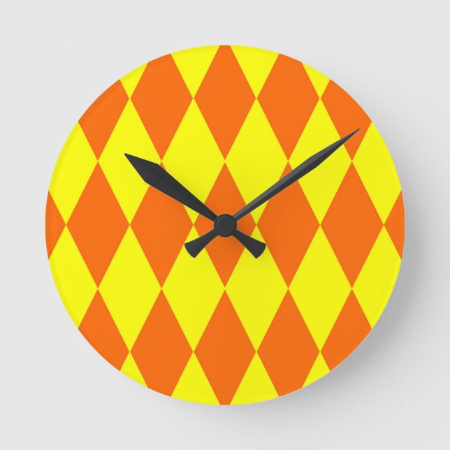 Orange Yellow Harlequin Checkered Design  Round Clock (Front)