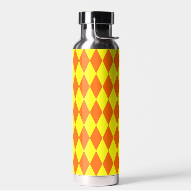 Orange Yellow Harlequin Checkered Design  Water Bottle (Left)