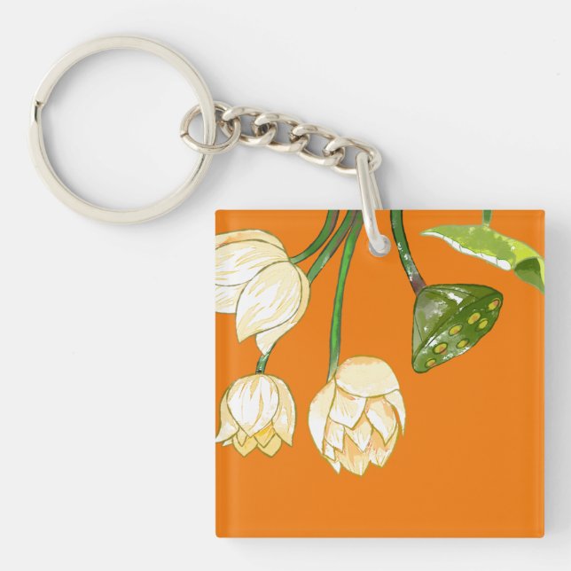 Orange Yellow Lotus Flowers & Lotus Seedpod Keycha Key Ring (Front)