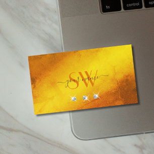Orange Yellow Marble Sparkling Diamonds Initials Business Card