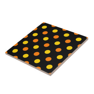 Orange Yellow On Black Polka Dots Design Ceramic Tile