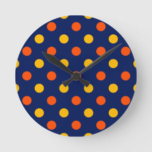 Orange Yellow On Blue Polka Dots Design  Round Clock