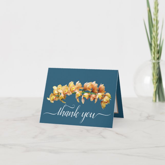 Orange Yellow Orchids Cyan Background Thank You Card (Front)