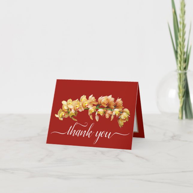 Orange Yellow Orchids Red Background Thank You Card (Front)