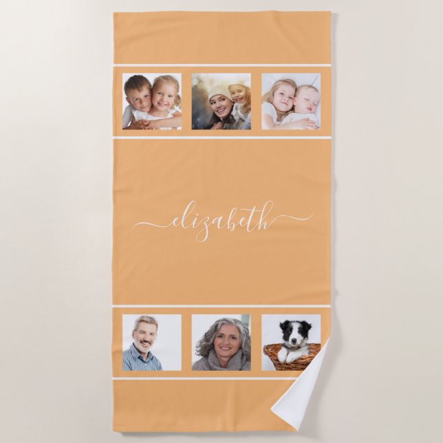 Orange yellow photo collage monogram script beach towel (Front)