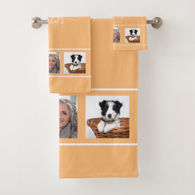 Orange yellow photo collage name script bath towel set (Insitu)