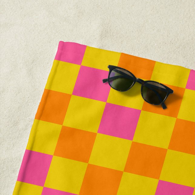Orange Yellow Pink Chequered Pattern Design  Beach Towel (In Situ)
