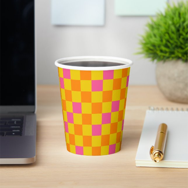 Orange Yellow Pink Chequered Pattern Design  Paper Cups (Insitu)
