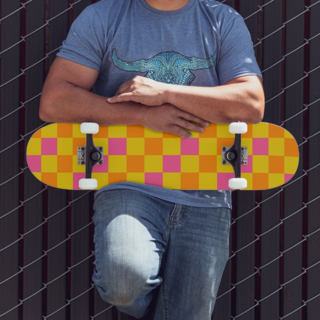 Orange Yellow Pink Chequered Pattern Design  Skateboard (Outdoor 3)
