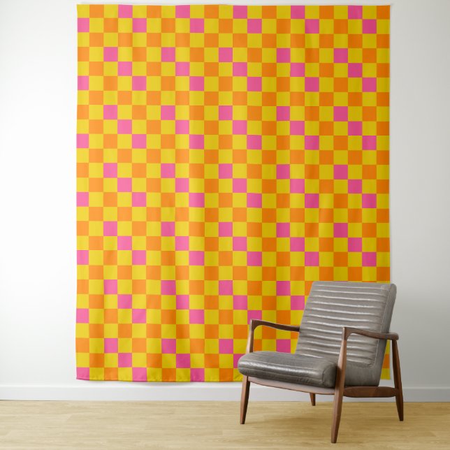 Orange Yellow Pink Chequered Pattern Design  Tapestry (In Situ)