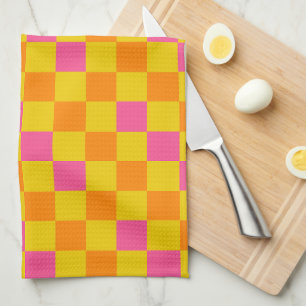 Orange Yellow Pink Chequered Pattern Design  Tea Towel