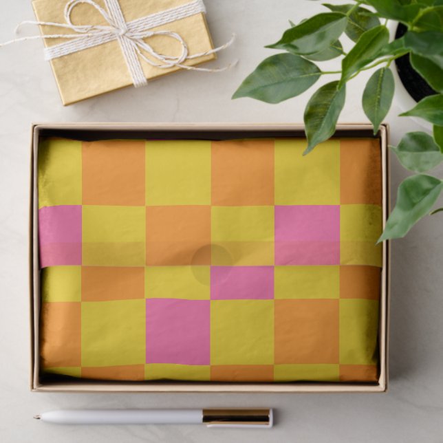 Orange Yellow Pink Chequered Pattern Design  Tissue Paper (Gift)