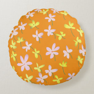 Orange Yellow Pink Minimalist Floral Botanical  Round Cushion