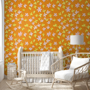 Orange Yellow Pink Minimalist Floral Botanical  Wallpaper