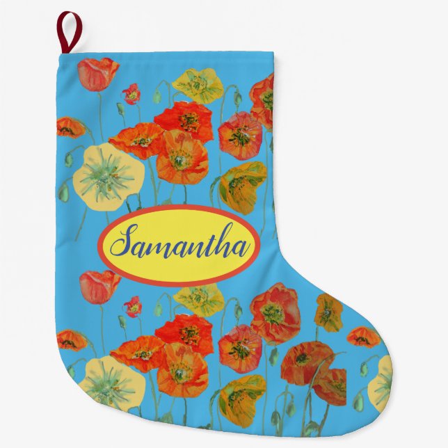 Orange Yellow Poppies Floral Blue Flowers Large Large Christmas Stocking (Front)