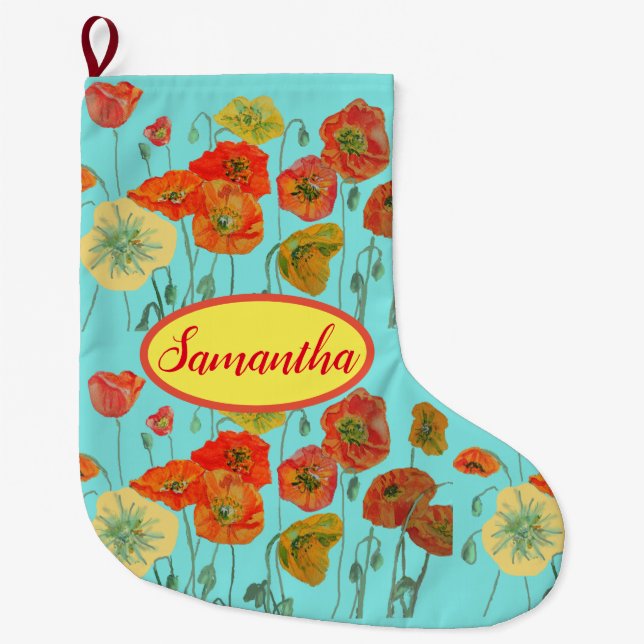 Orange Yellow Poppies Floral Christmas Stocking (Front)