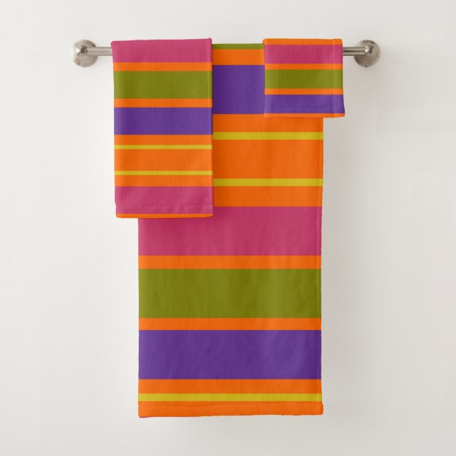 Orange, Yellow, Red, Green and Purple stripes Bath Towel Set (Insitu)