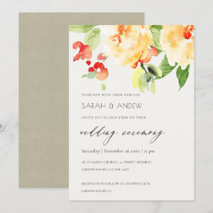 ORANGE YELLOW RED ROSE WATERCOLOR FLORAL WEDDING INVITATION